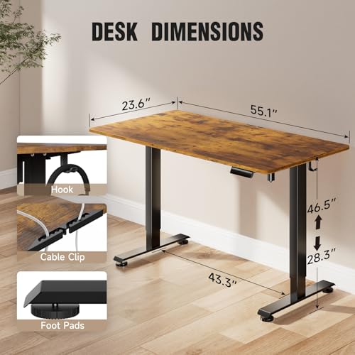 Veken 55 Inch  Height Adjustable Sit Stand Up  Wood Desktop  Work Home Office Computer PC Table  Tall Standup Workstation  Gaming Writing Study Bedroom Rising Desks  Brown