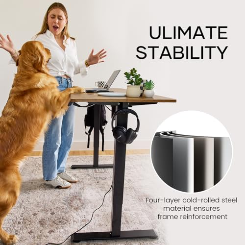 Veken 55 Inch  Height Adjustable Sit Stand Up  Wood Desktop  Work Home Office Computer PC Table  Tall Standup Workstation  Gaming Writing Study Bedroom Rising Desks  Brown