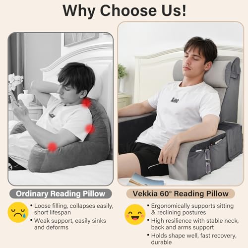 Vekkia Almohada de lectura de 25 pulgadas con brazos, reposacabezas y bolsillos laterales extragrandes para adultos, soporte de espuma zonificada, funda extraíble, silla de apoyo de espalda para leer