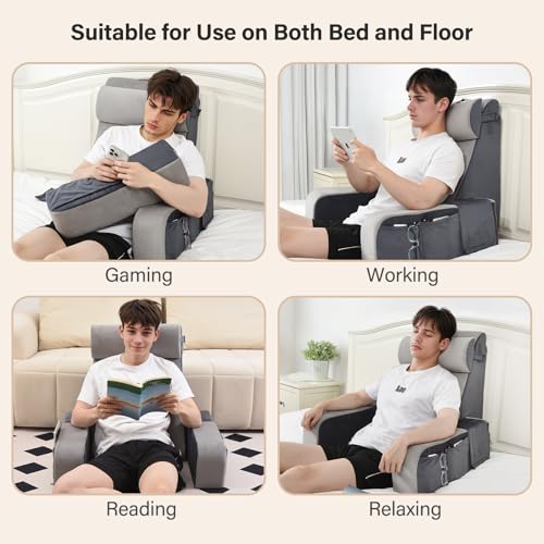 Vekkia Almohada de lectura de 25 pulgadas con brazos, reposacabezas y bolsillos laterales extragrandes para adultos, soporte de espuma zonificada, funda extraíble, silla de apoyo de espalda para leer