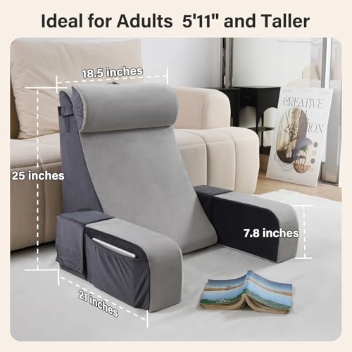 Vekkia Almohada de lectura de 25 pulgadas con brazos, reposacabezas y bolsillos laterales extragrandes para adultos, soporte de espuma zonificada, funda extraíble, silla de apoyo de espalda para leer