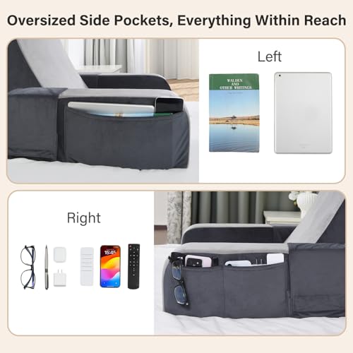 Vekkia Almohada de lectura de 25 pulgadas con brazos, reposacabezas y bolsillos laterales extragrandes para adultos, soporte de espuma zonificada, funda extraíble, silla de apoyo de espalda para leer