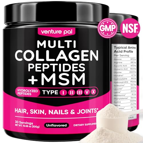 Venture Pal Multi Collagen Protein Powder Type I  II  III  V  X   Hydrolyzed Collagen Peptides MSM   GC & Vitamin C Collagen Supplement for Women & Men   Joint  Hair  Skin & Nail Support   Non GMO