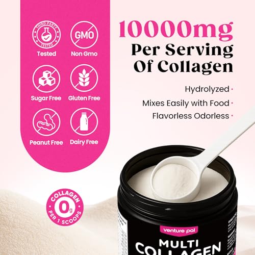 Venture Pal Multi Collagen Protein Powder Type I  II  III  V  X   Hydrolyzed Collagen Peptides MSM   GC & Vitamin C Collagen Supplement for Women & Men   Joint  Hair  Skin & Nail Support   Non GMO