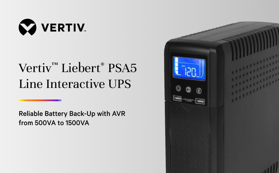 Vertiv Liebert PSA5 UPS   1000VA/600W 120V Line Interactive AVR Tower UPS  10 outlets  2 USB Charging Ports  Battery Backup w/ Surge Protection  3 year warranty  Energy Star Certified  PSA5 1000MT120 