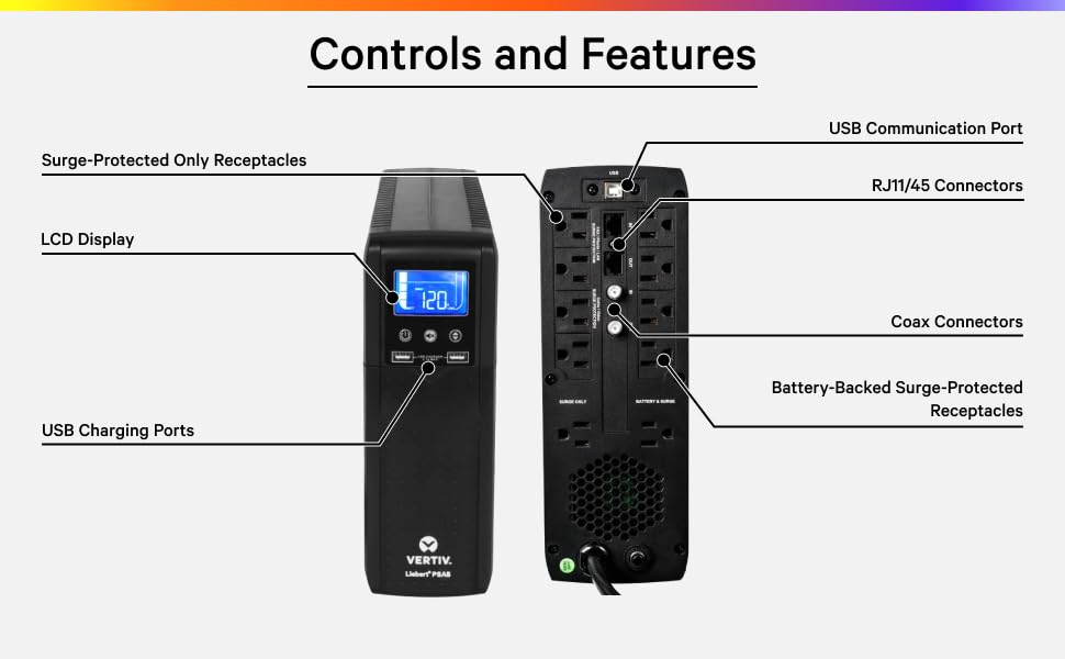 Vertiv Liebert PSA5 UPS   1000VA/600W 120V Line Interactive AVR Tower UPS  10 outlets  2 USB Charging Ports  Battery Backup w/ Surge Protection  3 year warranty  Energy Star Certified  PSA5 1000MT120 