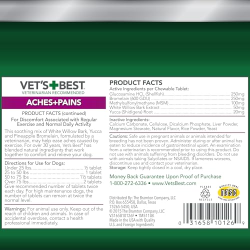Vet s Best Dog Pain Relief Supplement  Natural Aspirin Alternative for Hip & Joint Support  Arthritis & Aches Relief Tablets for Dogs  150 Count