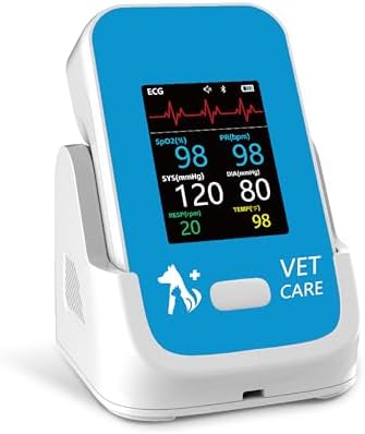 Monitor de presión arterial veterinaria para perro, inalámbrico recargable de 6 parámetros, monitor de signos vitales de animales, oxímetro de pulso veterinario Bluetooth preciso con