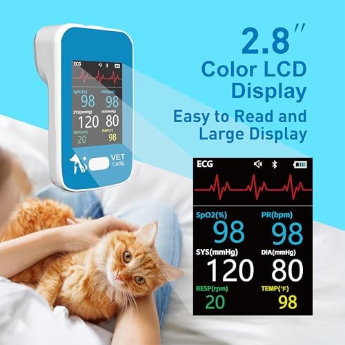 Monitor de presión arterial veterinaria para perro, inalámbrico recargable de 6 parámetros, monitor de signos vitales de animales, oxímetro de pulso veterinario Bluetooth preciso con