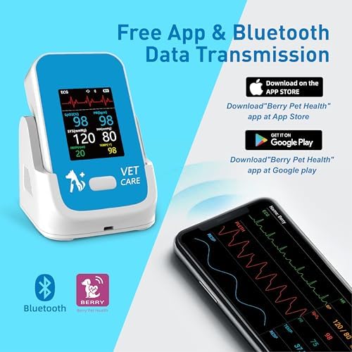 Monitor de presión arterial veterinaria para perro, inalámbrico recargable de 6 parámetros, monitor de signos vitales de animales, oxímetro de pulso veterinario Bluetooth preciso con