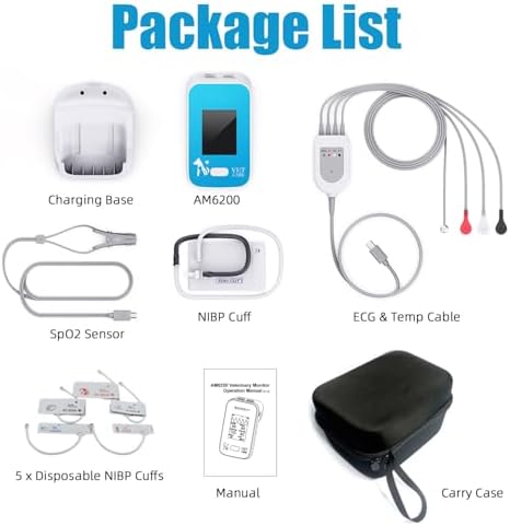 Monitor de presión arterial veterinaria para perro, inalámbrico recargable de 6 parámetros, monitor de signos vitales de animales, oxímetro de pulso veterinario Bluetooth preciso con