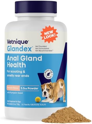 Vetnique Glandex Dog Fiber Supplement Powder for Anal Gland Health with Pumpkin  Digestive Enzymes & Probiotics   Vet Recommended  Regular or Advanced Strength    Boot The Scoot  5 5 oz  Salmon 