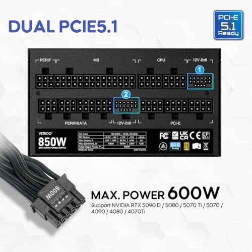 Vetroo 850W Power Supply Dual PCIe 5 1 ATX 3 1 Ready  80 Plus Gold Full Modular  Quiet Operation with 120mm FDB Fan  10 Year Warranty   Black