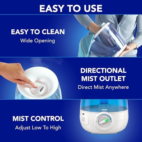 Vicks Filter Free Ultrasonic Humidifier  Recommended by Pediatricians  1 2 Gal Ultrasonic Cool Mist Humidifiers for Bedrooms & Kids Rooms  Works with Vicks VapoPads