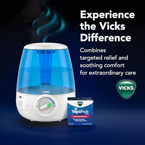 Vicks Filter Free Ultrasonic Humidifier  Recommended by Pediatricians  1 2 Gal Ultrasonic Cool Mist Humidifiers for Bedrooms & Kids Rooms  Works with Vicks VapoPads