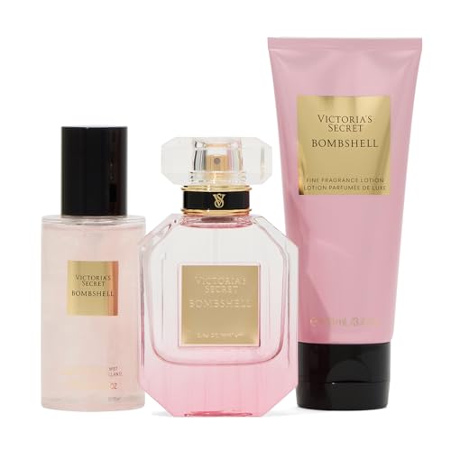 Victorias Secret Bombshell 3 Piece Luxe Fragrance Gift Set  1 7 oz  Eau de Parfum  Travel Lotion & Shimmer Mist