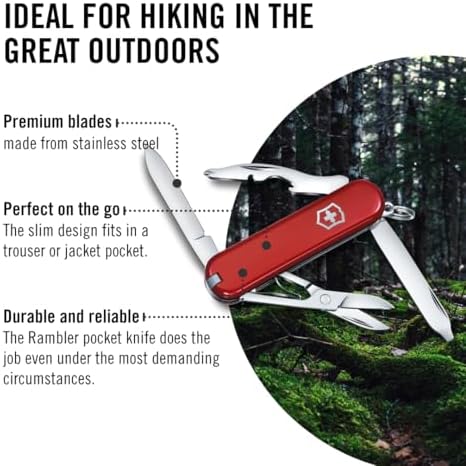 Victorinox Rambler Swiss Army Knife  Compact  10 Functions  Swiss Made Pocket Knife with Magnetic Phillips Screwdriver  Scissors and Tweezers   Red