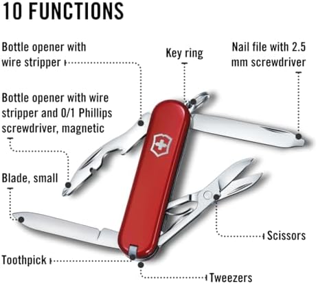 Victorinox Rambler Swiss Army Knife  Compact  10 Functions  Swiss Made Pocket Knife with Magnetic Phillips Screwdriver  Scissors and Tweezers   Red