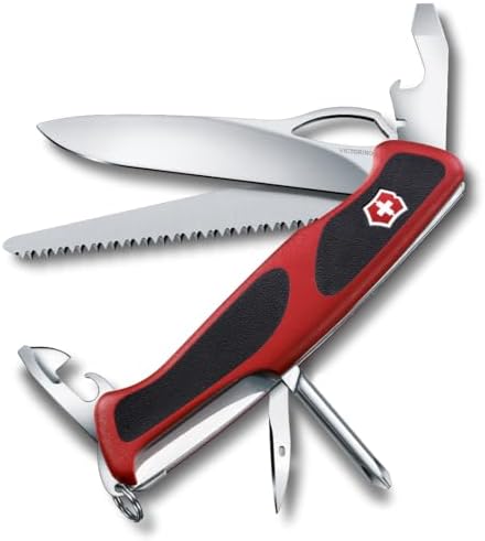 Victorinox Ranger 78 M Grip Swiss Army Knife  12 Functions  Swiss Made Pocket Knife with Large Lock Blade  Tweezers and Wood Saw   Red/Black