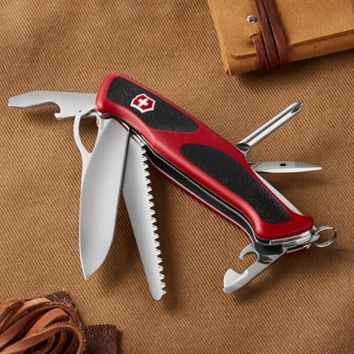 Victorinox Ranger 78 M Grip Swiss Army Knife  12 Functions  Swiss Made Pocket Knife with Large Lock Blade  Tweezers and Wood Saw   Red/Black