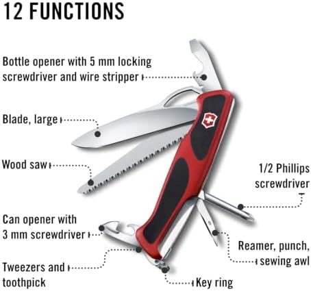 Victorinox Ranger 78 M Grip Swiss Army Knife  12 Functions  Swiss Made Pocket Knife with Large Lock Blade  Tweezers and Wood Saw   Red/Black