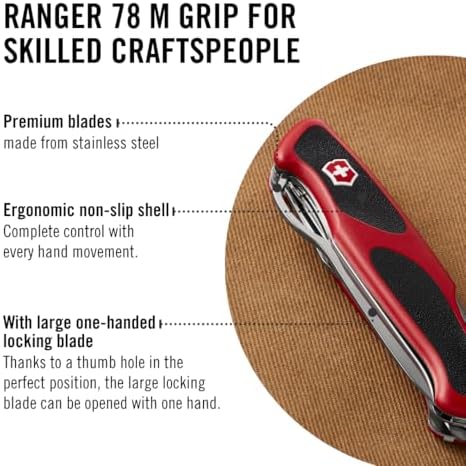 Victorinox Ranger 78 M Grip Swiss Army Knife  12 Functions  Swiss Made Pocket Knife with Large Lock Blade  Tweezers and Wood Saw   Red/Black