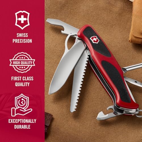 Victorinox Ranger 78 M Grip Swiss Army Knife  12 Functions  Swiss Made Pocket Knife with Large Lock Blade  Tweezers and Wood Saw   Red/Black