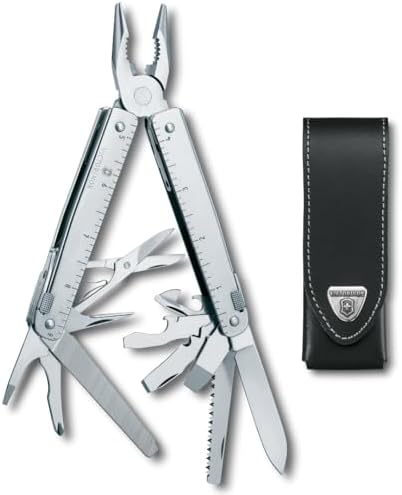 Victorinox Swiss Tool X Swiss Army Knife  26 Function Swiss Made Multitool with Large Blade  Pliers and Wire Cutter   Silver with Leather Pouch