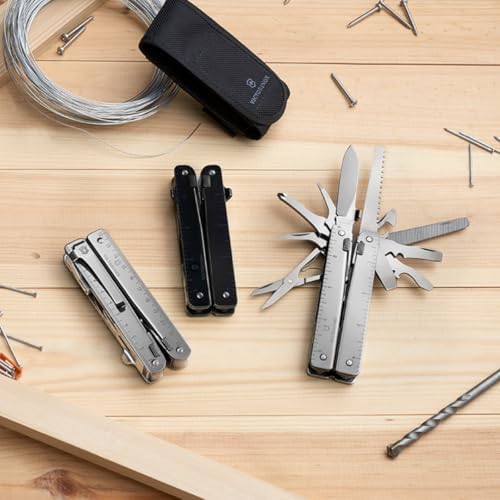 Victorinox Swiss Tool X Swiss Army Knife  26 Function Swiss Made Multitool with Large Blade  Pliers and Wire Cutter   Silver with Leather Pouch