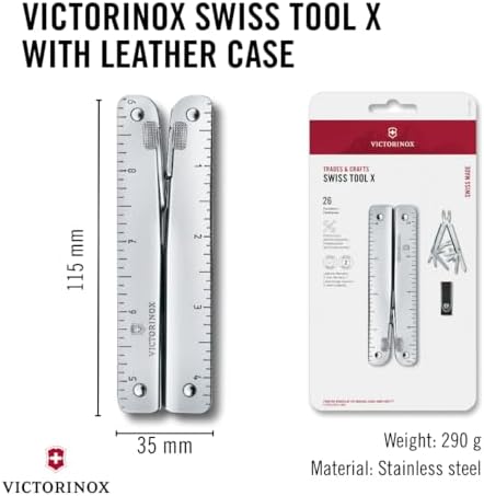 Victorinox Swiss Tool X Swiss Army Knife  26 Function Swiss Made Multitool with Large Blade  Pliers and Wire Cutter   Silver with Leather Pouch