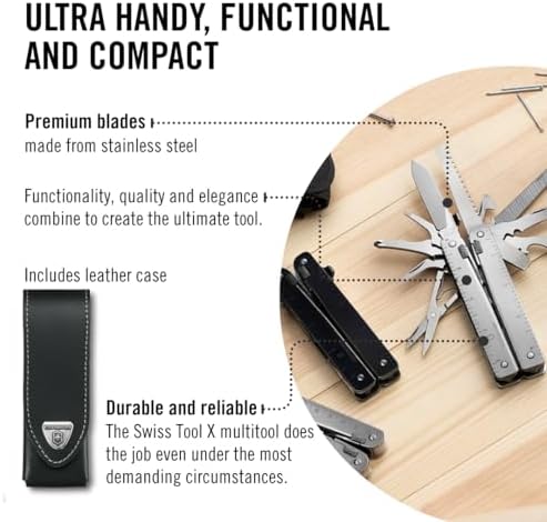 Victorinox Swiss Tool X Swiss Army Knife  26 Function Swiss Made Multitool with Large Blade  Pliers and Wire Cutter   Silver with Leather Pouch