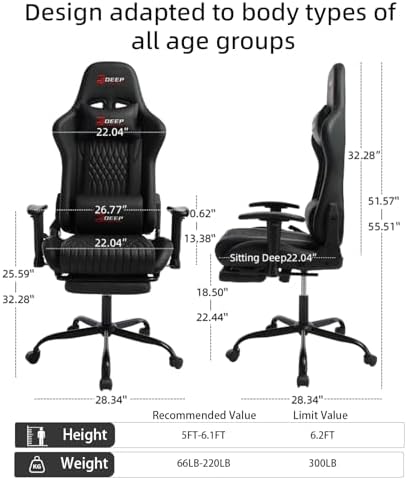 Video Game Chair with Footrest Ergonomic Comfortable Gaming Office Chair Height Adjustable with a 360  Swivel Base and Headrest 1002 Black 