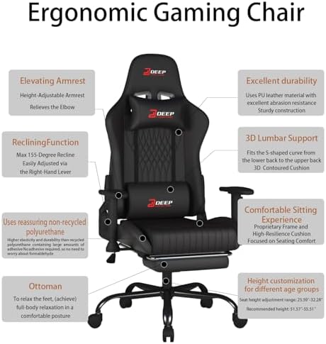 Video Game Chair with Footrest Ergonomic Comfortable Gaming Office Chair Height Adjustable with a 360  Swivel Base and Headrest 1002 Black 