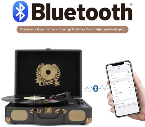 Vinyl Record Player Bluetooth Turntable 3 Speed Suitcase Portable Vintage Belt Driven Record Player with Built in Speakers RCA Line Out AUX in Headphone Jack LP Recording to Convert Records to MP3