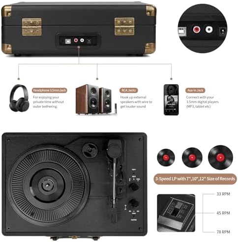 Vinyl Record Player Bluetooth Turntable 3 Speed Suitcase Portable Vintage Belt Driven Record Player with Built in Speakers RCA Line Out AUX in Headphone Jack LP Recording to Convert Records to MP3