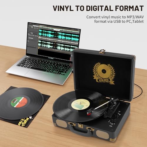 Vinyl Record Player Bluetooth Turntable 3 Speed Suitcase Portable Vintage Belt Driven Record Player with Built in Speakers RCA Line Out AUX in Headphone Jack LP Recording to Convert Records to MP3