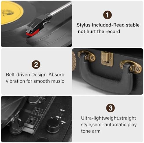 Vinyl Record Player Bluetooth Turntable 3 Speed Suitcase Portable Vintage Belt Driven Record Player with Built in Speakers RCA Line Out AUX in Headphone Jack LP Recording to Convert Records to MP3