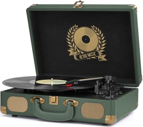 Vinyl Record Player Bluetooth Turntable 3 Speed Suitcase Portable Vintage Belt Driven Record Player with Built in Speakers RCA Line Out AUX in Headphone Jack LP Recording to Convert Records to MP3