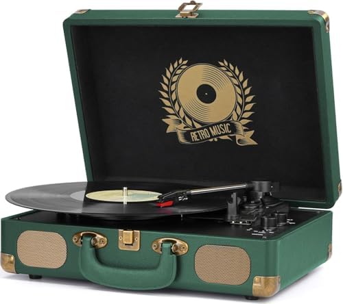 Vinyl Record Player Bluetooth Turntable 3 Speed Suitcase Portable Vintage Belt Driven Record Player with Built in Speakers RCA Line Out AUX in Headphone Jack LP Recording to Convert Records to MP3
