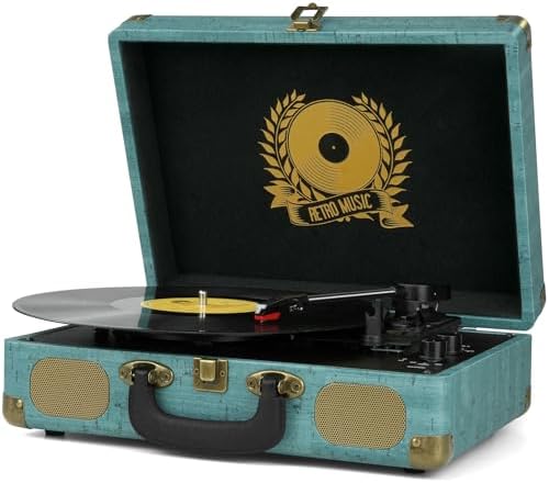 Vinyl Record Player Bluetooth Turntable 3 Speed Suitcase Portable Vintage Belt Driven Record Player with Built in Speakers RCA Line Out AUX in Headphone Jack LP Recording to Convert Records to MP3