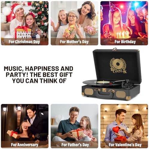 Vinyl Record Player Bluetooth Turntable 3 Speed Suitcase Portable Vintage Belt Driven Record Player with Built in Speakers RCA Line Out AUX in Headphone Jack LP Recording to Convert Records to MP3