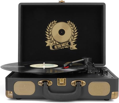 Vinyl Record Player Bluetooth Turntable 3 Speed Suitcase Portable Vintage Belt Driven Record Player with Built in Speakers RCA Line Out AUX in Headphone Jack LP Recording to Convert Records to MP3