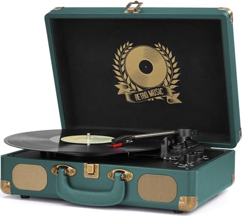 Vinyl Record Player Bluetooth Turntable 3 Speed Suitcase Portable Vintage Belt Driven Record Player with Built in Speakers RCA Line Out AUX in Headphone Jack LP Recording to Convert Records to MP3