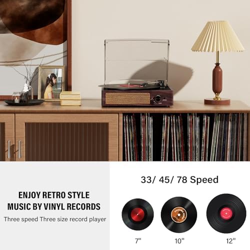 Vinyl Record Player Turntable with Built in Bluetooth Receiver & 2 Stereo Speakers  3 Speed 3 Size Portable Retro Record Player for Entertainment and Home Decoration