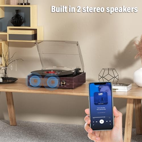 Vinyl Record Player Turntable with Built in Bluetooth Receiver & 2 Stereo Speakers  3 Speed 3 Size Portable Retro Record Player for Entertainment and Home Decoration