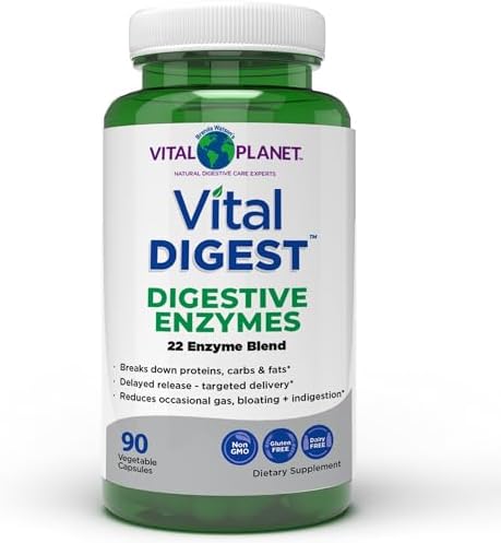 Vital Planet   Vital Digest Natural Digestive Enzymes Supports Breakdown of Proteins  Fats  and Carbohydrates and Reduces Occasional Gas  Bloating and Indigestion 90 Capsules  Packaging May Vary 