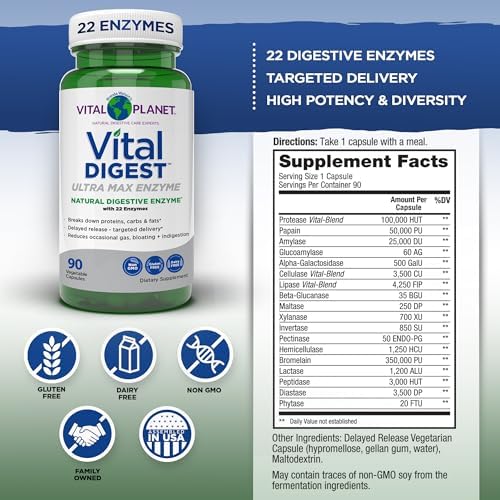 Vital Planet   Vital Digest Natural Digestive Enzymes Supports Breakdown of Proteins  Fats  and Carbohydrates and Reduces Occasional Gas  Bloating and Indigestion 90 Capsules  Packaging May Vary 