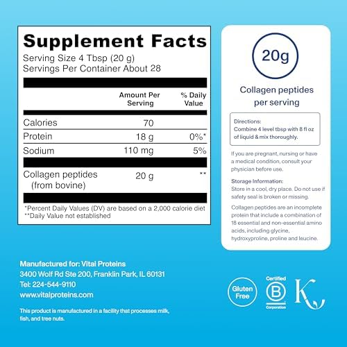 Vital Proteins Collagen Peptides Powder   Grass Fed Collagen Peptides for Hair  Nail  Skin  Bone & Joint Health  Unflavored  27 Servings
