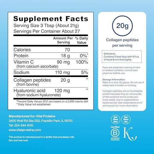 Vital Proteins Collagen Peptides Powder Advanced with Hyaluronic Acid & Vitamin C  20oz Collagen Protein  Unflavored  27 Servings