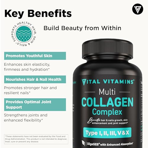 Vital Vitamins Multi Collagen for Women & Men   Type I  II  III  V  X   Grass Fed  Non GMO   150 Capsules